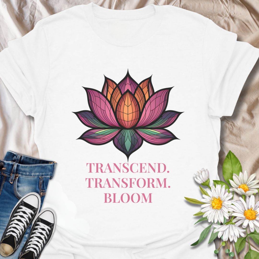 Embrace mindfulness and growth with this stunning lotus flower design paired with the inspirational phrase "Transcend. Transform. Bloom." Perfect for yoga lovers, spiritual seekers, and anyone who resonates with positivity, meditation, and inner transformation.