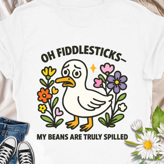 This adorable duck t-shirt featuring the phrase "Oh Fiddlesticks – My Beans Are Truly Spilled" blends wholesome humor with colorful floral charm. Perfect for anyone who thrives on quirky expressions and cute designs. Great gift for the emotionally expressive with the playful, slightly bewildered duck.  Wear it when you want to spark a smile, or share a goofy moment. 