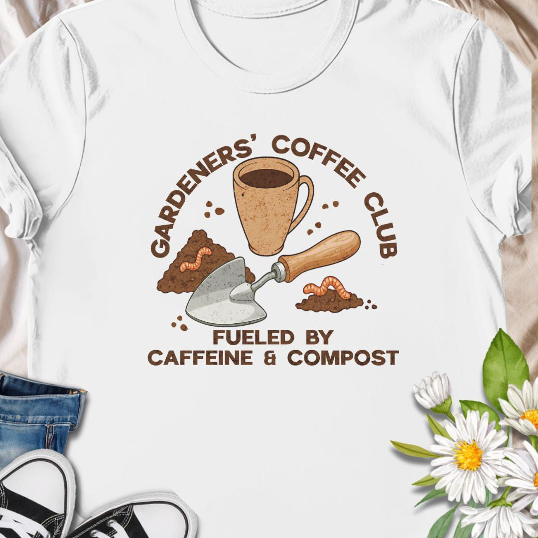 Join the unofficial club for caffeine-fueled gardeners with this fun and earthy "Gardeners' Coffee Club" t-shirt. Perfect for green thumbs who love a hot cup and healthy soil, this design is a cozy blend of humor and horticulture.
The t-shirt that speaks to mornings spent with soil on your hands and a warm mug nearby. 