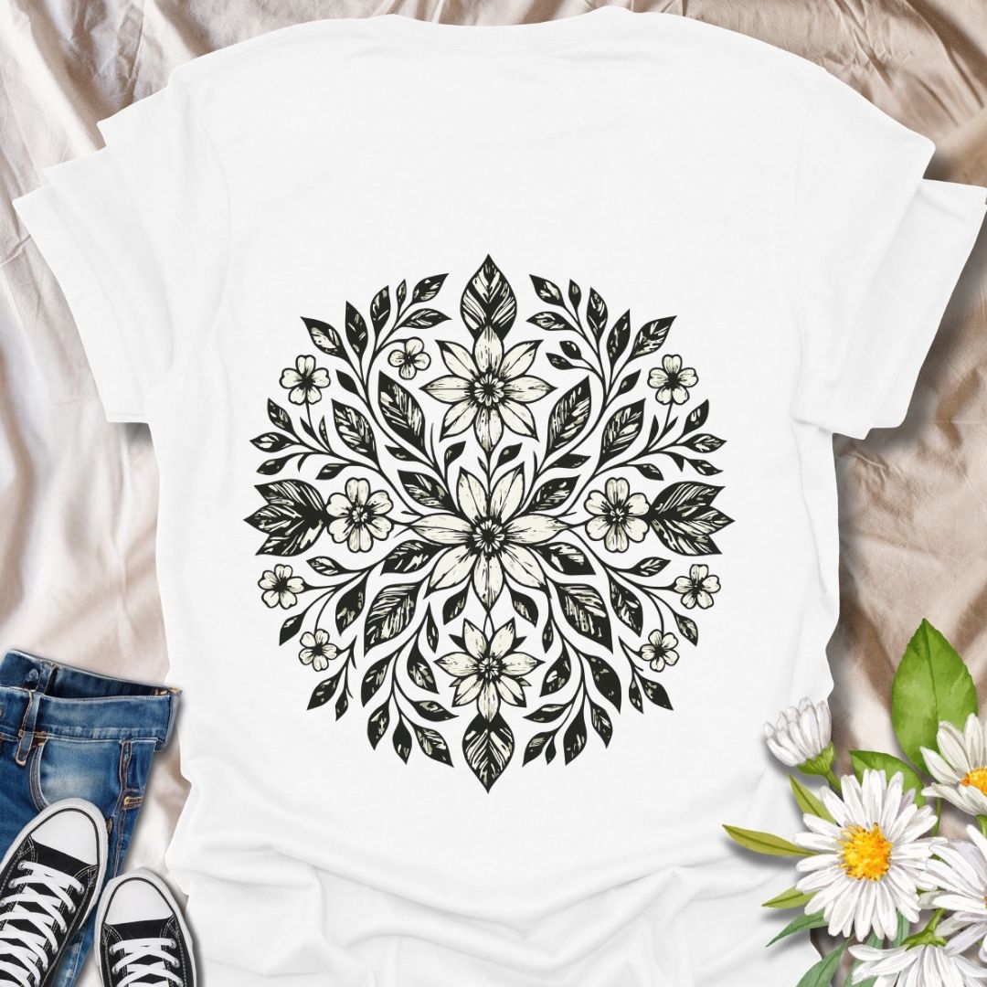 Elegant floral mandala t-shirt featuring intricate white line art flowers and leaves on a navy background. A beautifully detailed nature-inspired design perfect for garden lovers, boho fashion fans, and those who appreciate hand-drawn botanical art. Ideal for everyday wear, mindful gifting, or cottagecore style