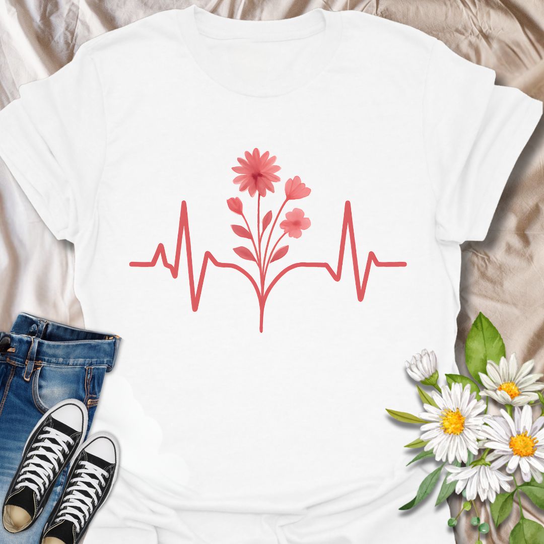 Minimalist flower heartbeat t-shirt featuring a soft red floral stem growing from a heart rhythm line. A meaningful, nature-meets-wellness design ideal for nurses, plant lovers, and anyone who feels alive in nature. Great gift for healthcare heroes, garden lovers, and flower fans alike