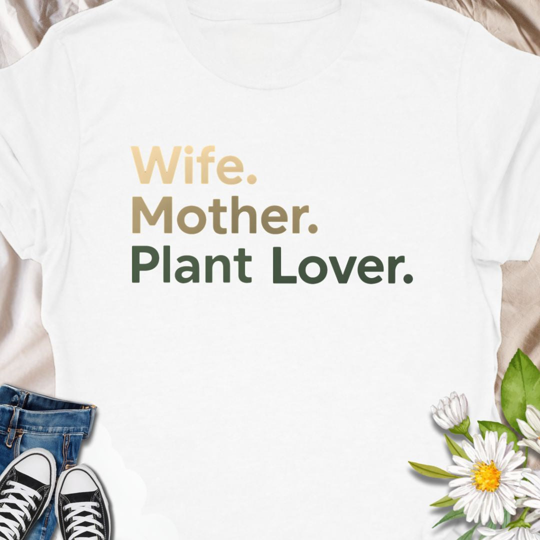 Celebrate love, family, and greenery with this bold, minimalist ‘Wife. Mother. Plant Lover’ shirt – perfect for stylish plant moms.