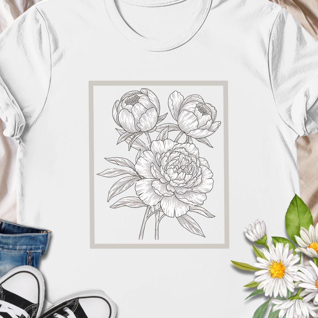 Elegant floral sketch tee featuring detailed peony artwork. Perfect for garden lovers and botanical art fans.  The clean, framed floral sits centered on the chest in fine-line detail — subtle enough to layer under a jacket, expressive enough to stand on its own.