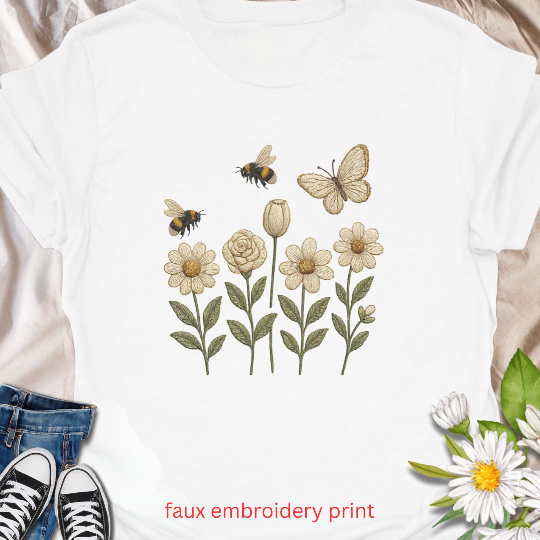 Celebrate the beauty of pollinators with this faux embroidery t-shirt featuring delicately stitched-look bees, a butterfly, and blooming white flowers. The design adds a charming, nature-inspired touch to your wardrobe—perfect for garden lovers, embroidery art fans, and anyone who appreciates floral elegance with a vintage twist.