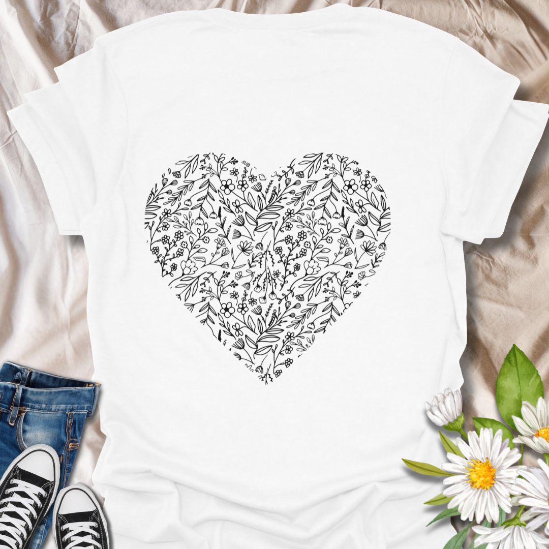 Celebrate your love for nature with this stunning floral heart design, filled with intricate leaves and delicate flowers. A perfect choice for plant lovers, gardeners, and anyone who enjoys botanical beauty.