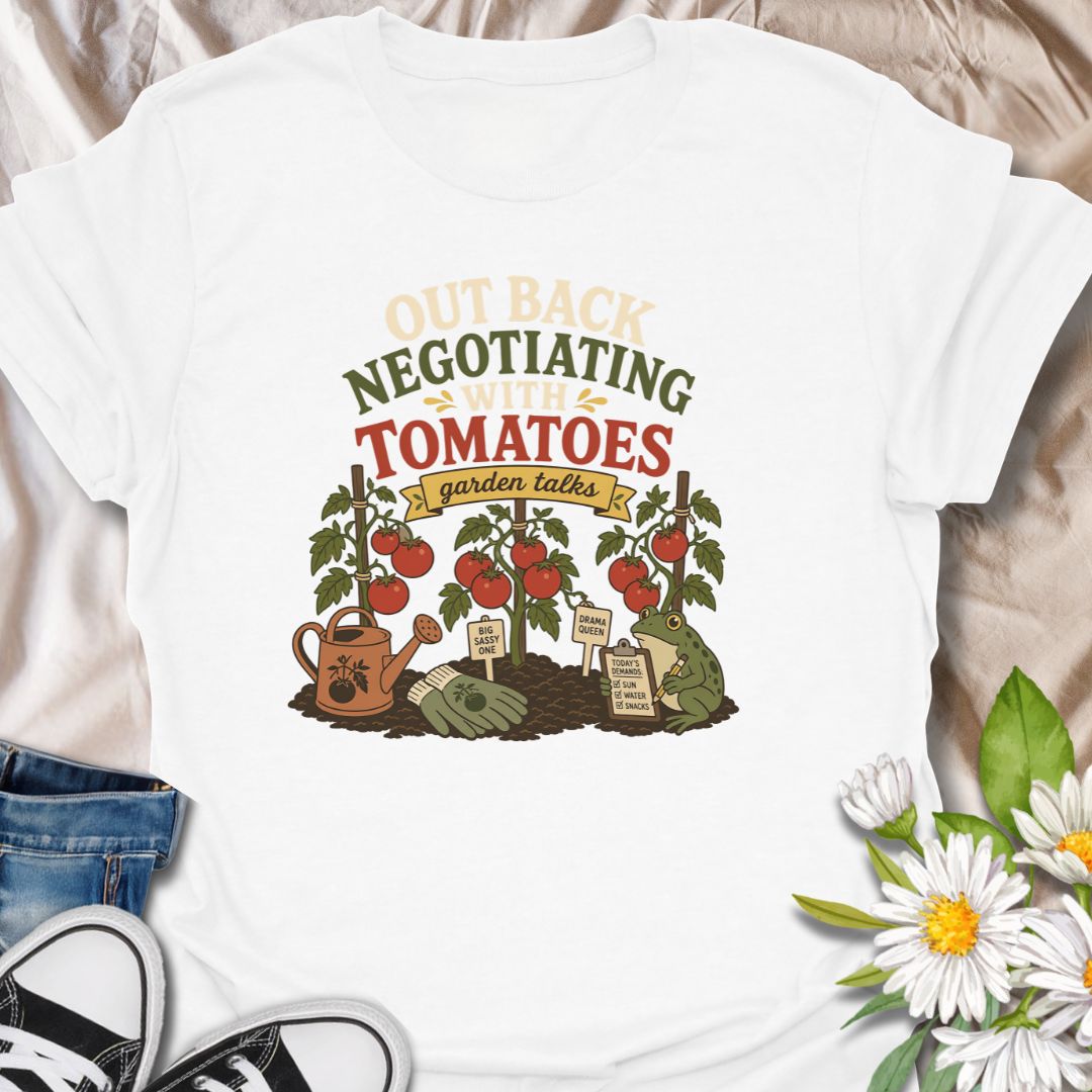 A funny vegetable gardening T-shirt for anyone who spends time discussing terms with their tomato plants. The design features ripe tomatoes, garden tools, plant stakes, and a frog recording the plants’ demands. A playful gift for tomato growers, backyard gardeners, and vegetable garden enthusiasts