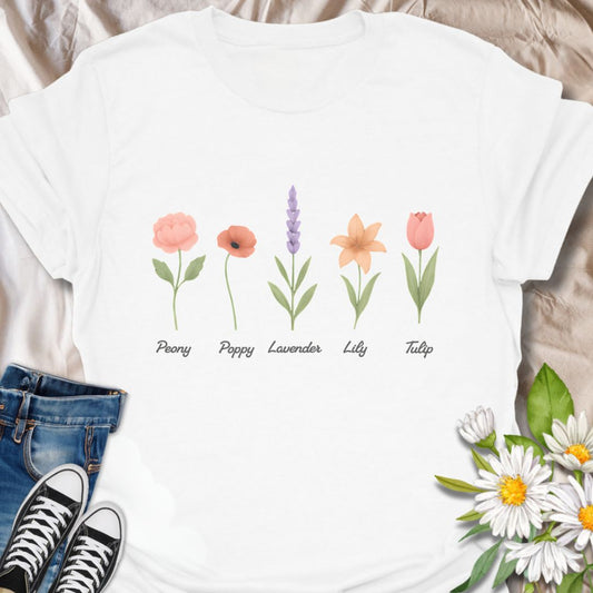 Celebrate your love for nature with this elegant floral t-shirt featuring labeled illustrations of five favorite flowers: Peony, Poppy, Lavender, Lily, and Tulip. Perfect for plant lovers, garden enthusiasts, and flower fans alike, this botanical tee adds a fresh, feminine touch to your wardrobe and makes a charming gift for gardeners and wildflower lovers.