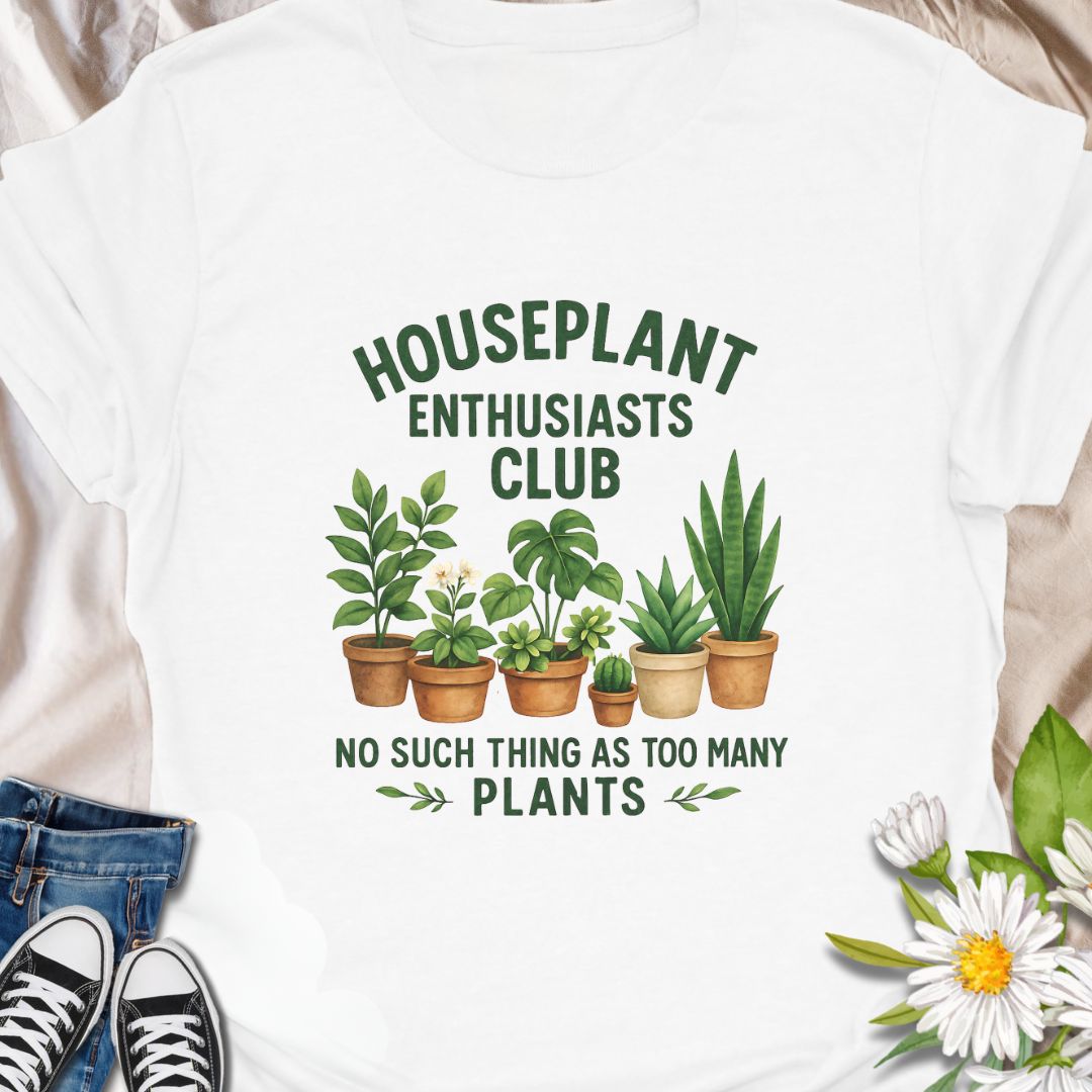 Join the green-thumbed crew with this fun and quirky “Houseplant Enthusiasts Club” shirt. Featuring a lineup of adorable potted plants, this tee is perfect for indoor plant lovers who believe there’s no such thing as too many plants. A must-have for houseplant collectors, plant moms, plant dads, and foliage fanatics.