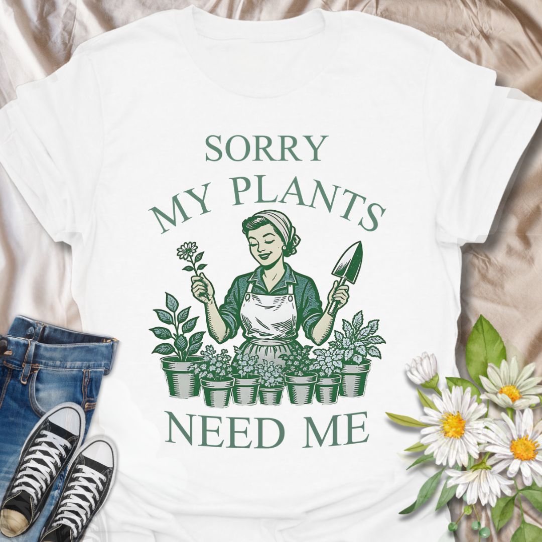 Celebrate your love for gardening with this vintage-style graphic t-shirt featuring a retro gardener surrounded by plants and the funny phrase "Sorry, My Plants Need Me." Perfect for plant parents, garden enthusiasts, and anyone proud of their green thumb.