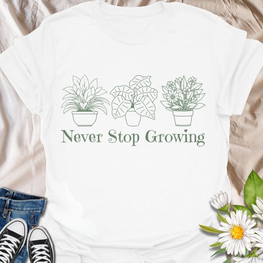 Encourage growth and positivity with this minimalist plant pots t-shirt that reads “Never Stop Growing.” A perfect daily inspiration tee for gardeners, plant lovers, and growth-minded individuals.