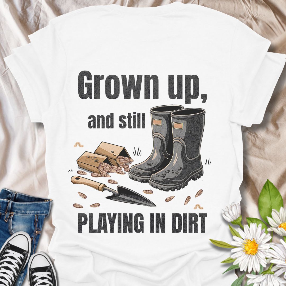 Playfully nostalgic gardening shirt with boots, seeds, and trowel artwork. Ideal for grown-up gardeners who still love getting their hands dirty. A perfect gift for plant lovers with a sense of humor.