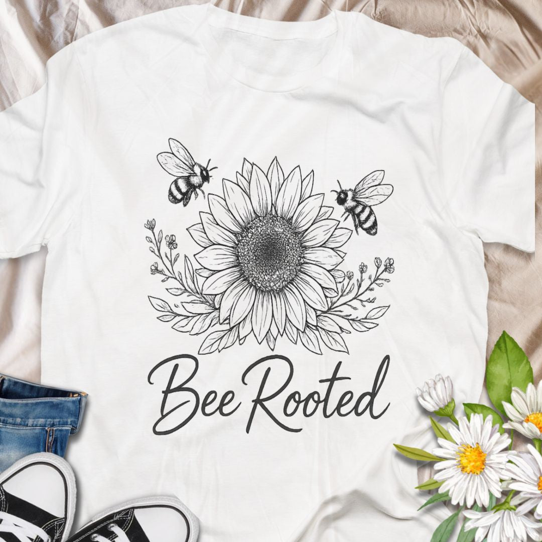 Celebrate slow living and nature connection with this Bee Rooted botanical t-shirt. Featuring a detailed sunflower illustration with bees, this nature-inspired tee is perfect for gardeners, pollinator lovers, and eco-minded souls who believe in staying grounded and growing with purpose.
