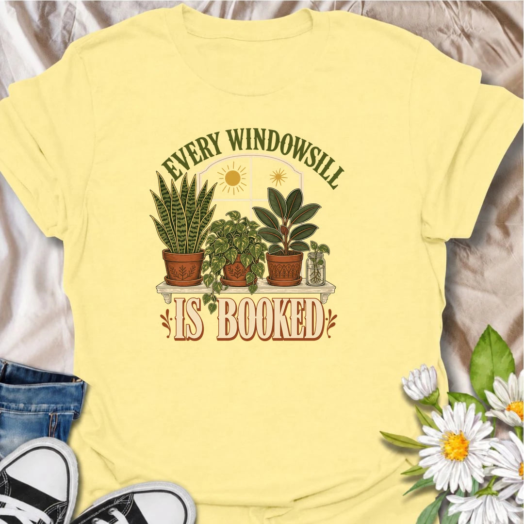 Funny houseplant T-shirt for collectors who have filled every sunny windowsill with plants and still want more. Featuring a vintage window scene with snake plant, pothos, rubber plant and propagation jar, this design is ideal for indoor gardeners and houseplant-filled homes.