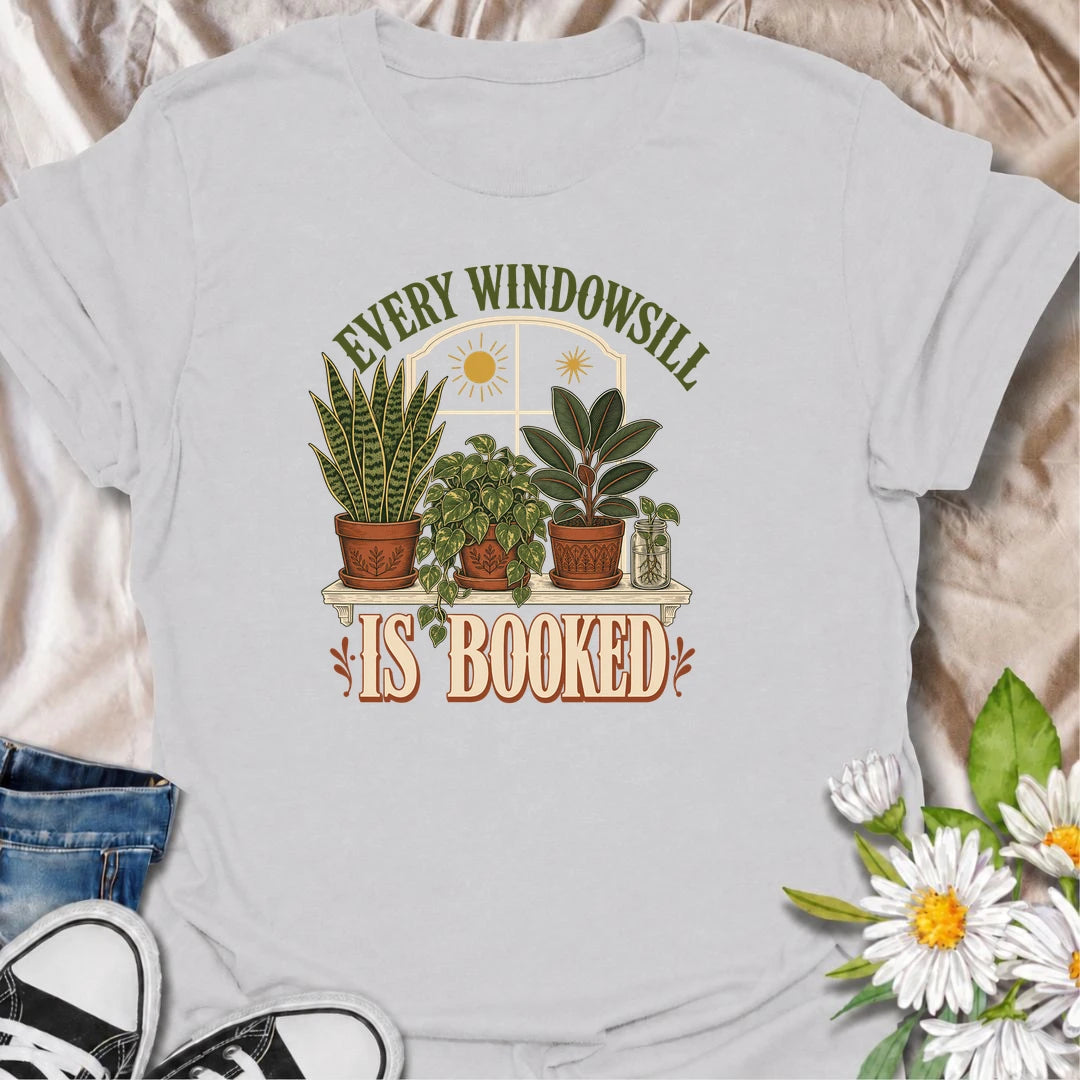 Funny houseplant T-shirt for collectors who have filled every sunny windowsill with plants and still want more. Featuring a vintage window scene with snake plant, pothos, rubber plant and propagation jar, this design is ideal for indoor gardeners and houseplant-filled homes.