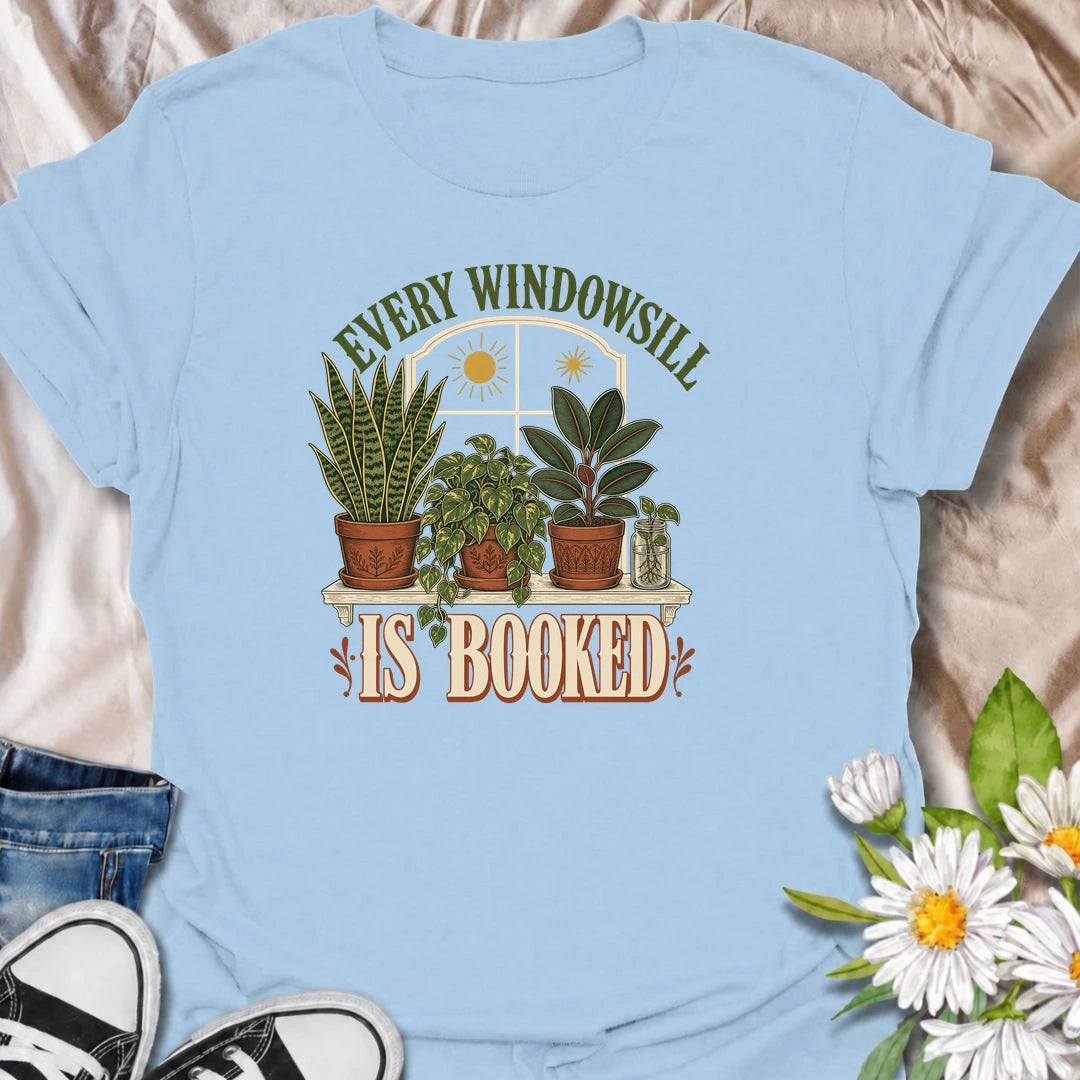 Funny houseplant T-shirt for collectors who have filled every sunny windowsill with plants and still want more. Featuring a vintage window scene with snake plant, pothos, rubber plant and propagation jar, this design is ideal for indoor gardeners and houseplant-filled homes.