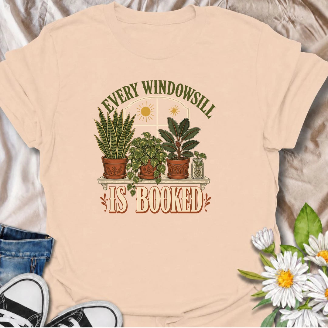 Funny houseplant T-shirt for collectors who have filled every sunny windowsill with plants and still want more. Featuring a vintage window scene with snake plant, pothos, rubber plant and propagation jar, this design is ideal for indoor gardeners and houseplant-filled homes.