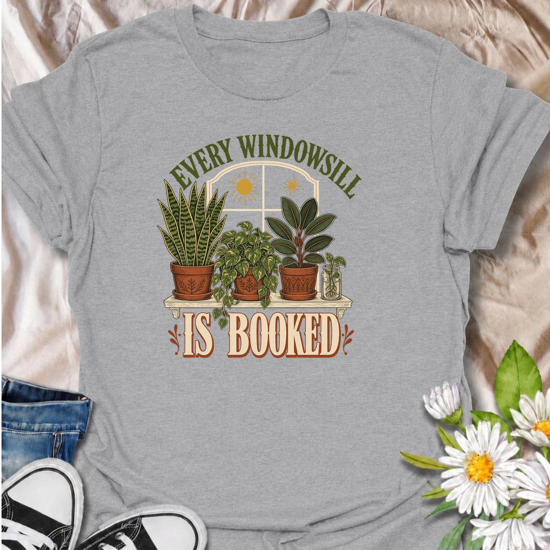 Funny houseplant T-shirt for collectors who have filled every sunny windowsill with plants and still want more. Featuring a vintage window scene with snake plant, pothos, rubber plant and propagation jar, this design is ideal for indoor gardeners and houseplant-filled homes.