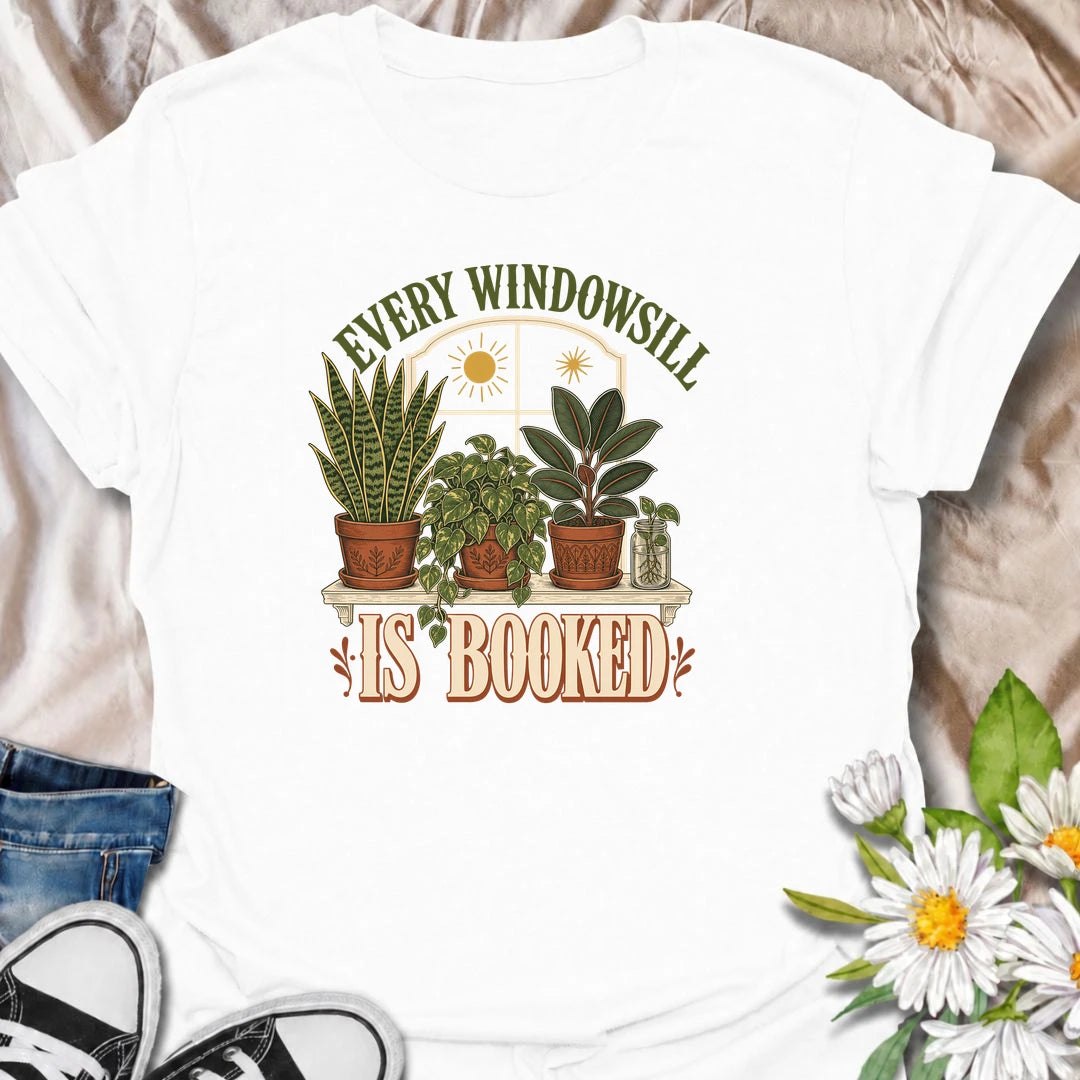 Funny houseplant T-shirt for collectors who have filled every sunny windowsill with plants and still want more. Featuring a vintage window scene with snake plant, pothos, rubber plant and propagation jar, this design is ideal for indoor gardeners and houseplant-filled homes.